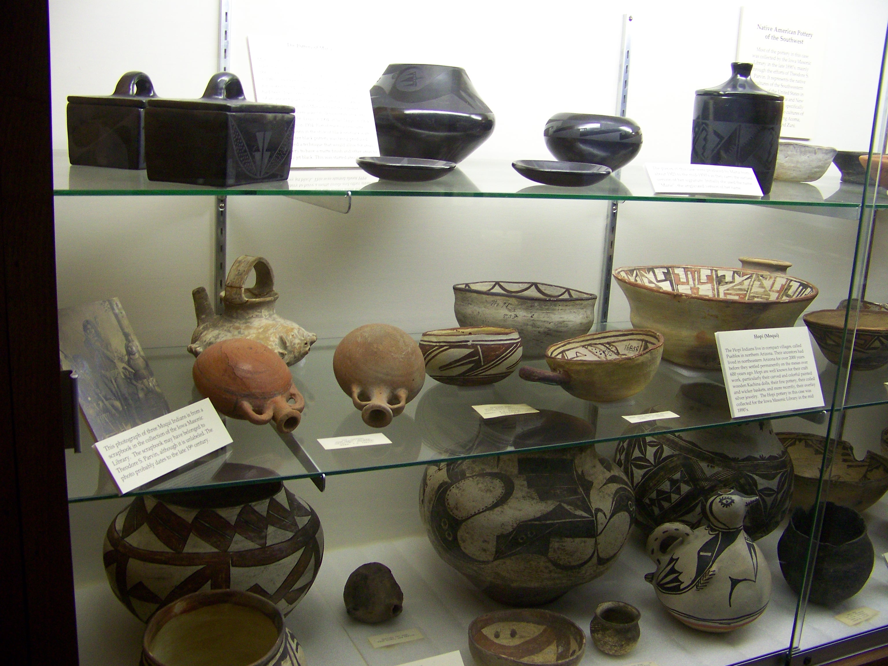 The pottery in this exhibit  specifically represents the Pueblo cultures of this region, including Acoma, Hopi (Moqui), and Zuni.